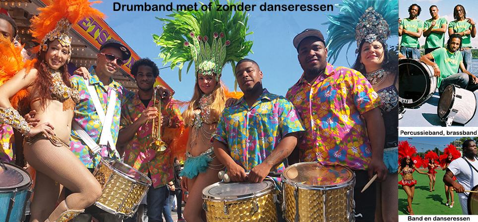 Braziliaanse percussieband met blazers en danseressen